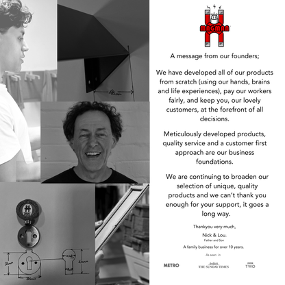 A message from our founders.
We have developed all of our products from scratch using our hands, brains and life experience. 
We pay our workers fairly and keep our customers at the centre of every decision.
Our products are meticulously developed, with quality service and a customer-first approach as our foundation.
We are broadening our selection of unique, high-quality products and appreciate all customer support.
Thank you from Nick and Lou, father and son, a family business for over 10 years.
As seen i