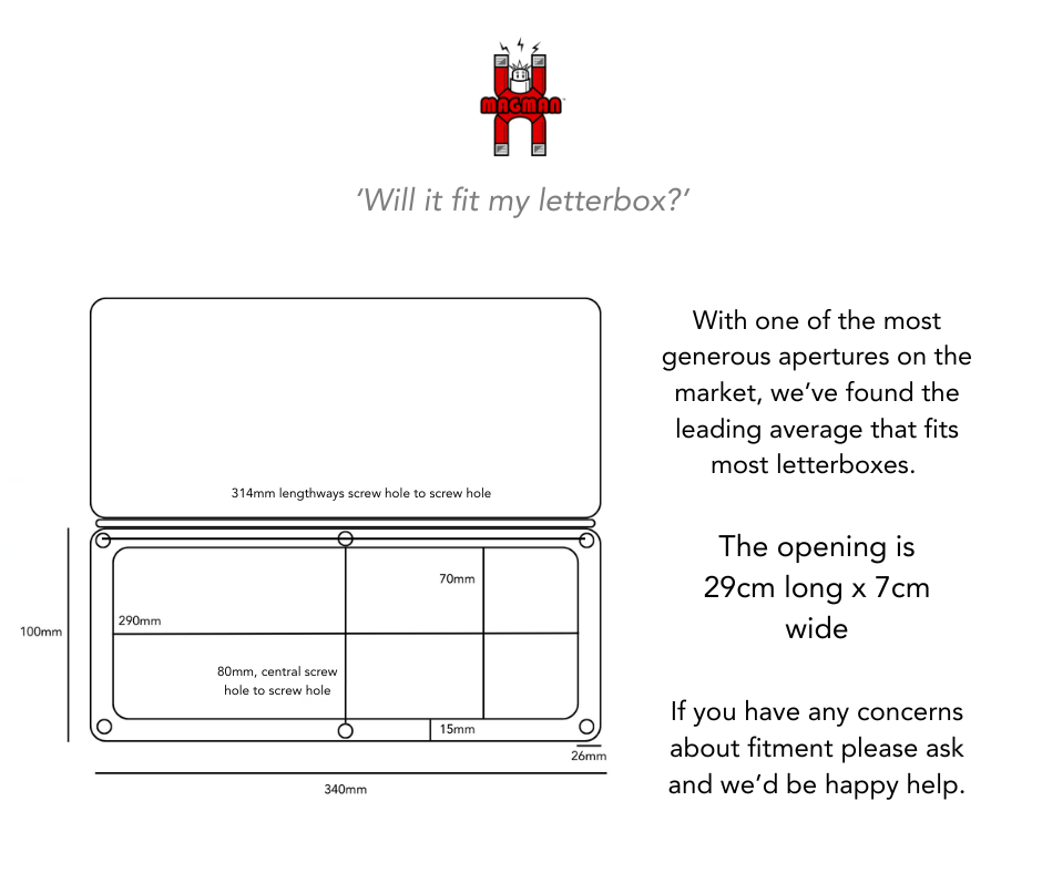 Measurement diagram for Magflap MK3 Letterbox by magman and an explanataion on how it can be fitted and why 