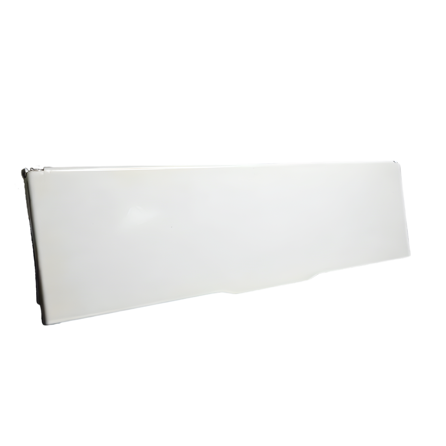 A white colored horizontal letterbox draught excluder made of metal with a smooth surface.