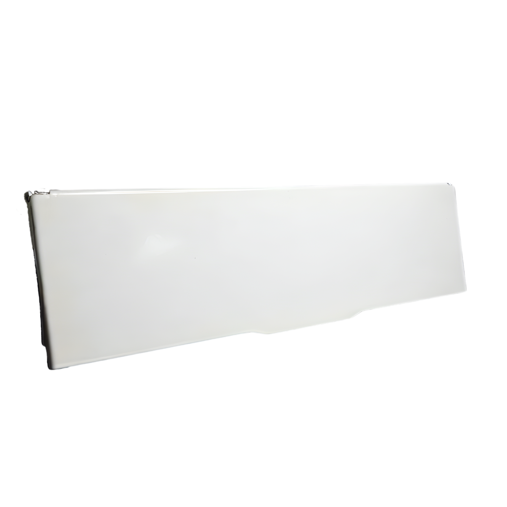 A white colored horizontal letterbox draught excluder made of metal with a smooth surface.