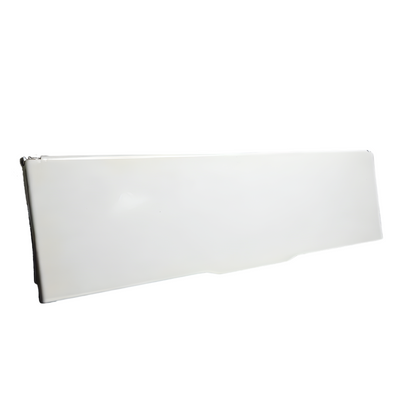 A white colored horizontal letterbox draught excluder made of metal with a smooth surface.